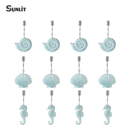Sunlit Seashells Decorative Shower Curtain Hooks, Aqua Blue Ocean Creatures Coastal Shower Curtain Rings with Black Hooks, Resin, Nautical Bathroom Decoration Beach Shower Curtain Hooks, Set of 12