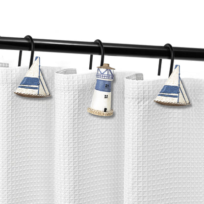 Sunlit Nautical Shower Curtain Hooks, Home Decorative Coastal Shower Curtain Rings for Bathroom, Resin, Ocean Shower Curtain Hanger Hooks for Living Room, Set of 12, Blue Lighthouse Sailboat