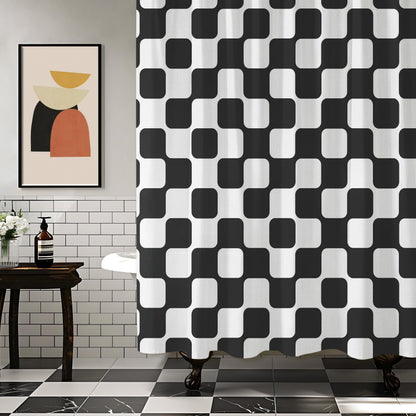 Sunlit Retro Checkered Faux Linen Fabric Shower Curtain, Beige Geometric Design with Organic Rounded Grid Pattern, Mid-Century Modern Bathroom Decor, 72" x 72"