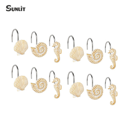 Sunlit Seashells Decorative Shower Curtain Hooks, Scallop Nautilus & Seahorse Shower Curtain Rings, Seashell Blush, Resin, Nautical Bathroom Decoration Beach Shower Curtain Hooks-12 Pack