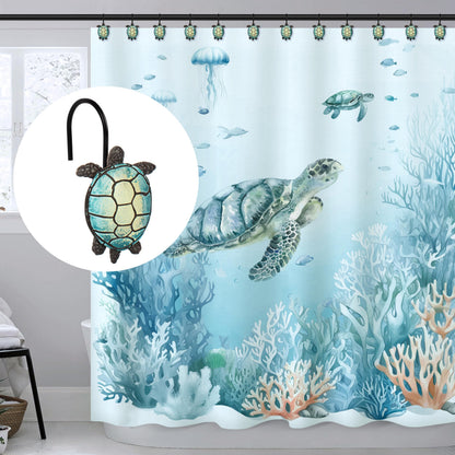 Sunlit Sea Turtle Shower Curtain Hooks, Home Decorative Shower Curtain Rings for Bathroom, Resin, Ocean Shower Curtain Hanger Hooks for Kid Room Living Room, Set of 12