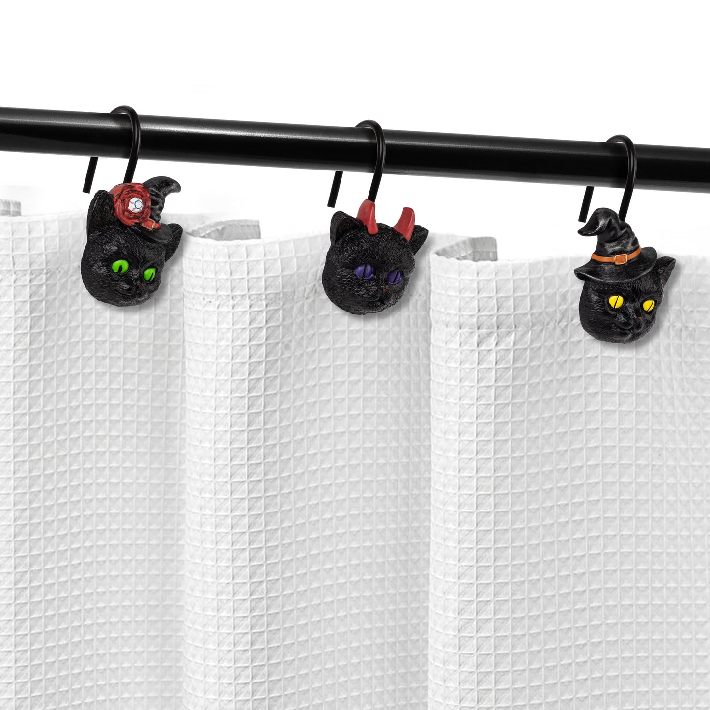 Sunlit Halloween Black Cat Shower Curtain Hooks, Home Decorative Shower Curtain Rings for Bathroom, Halloween Shower Curtain Hangers Bathroom Accessories, Set of 12, Wizard Cat