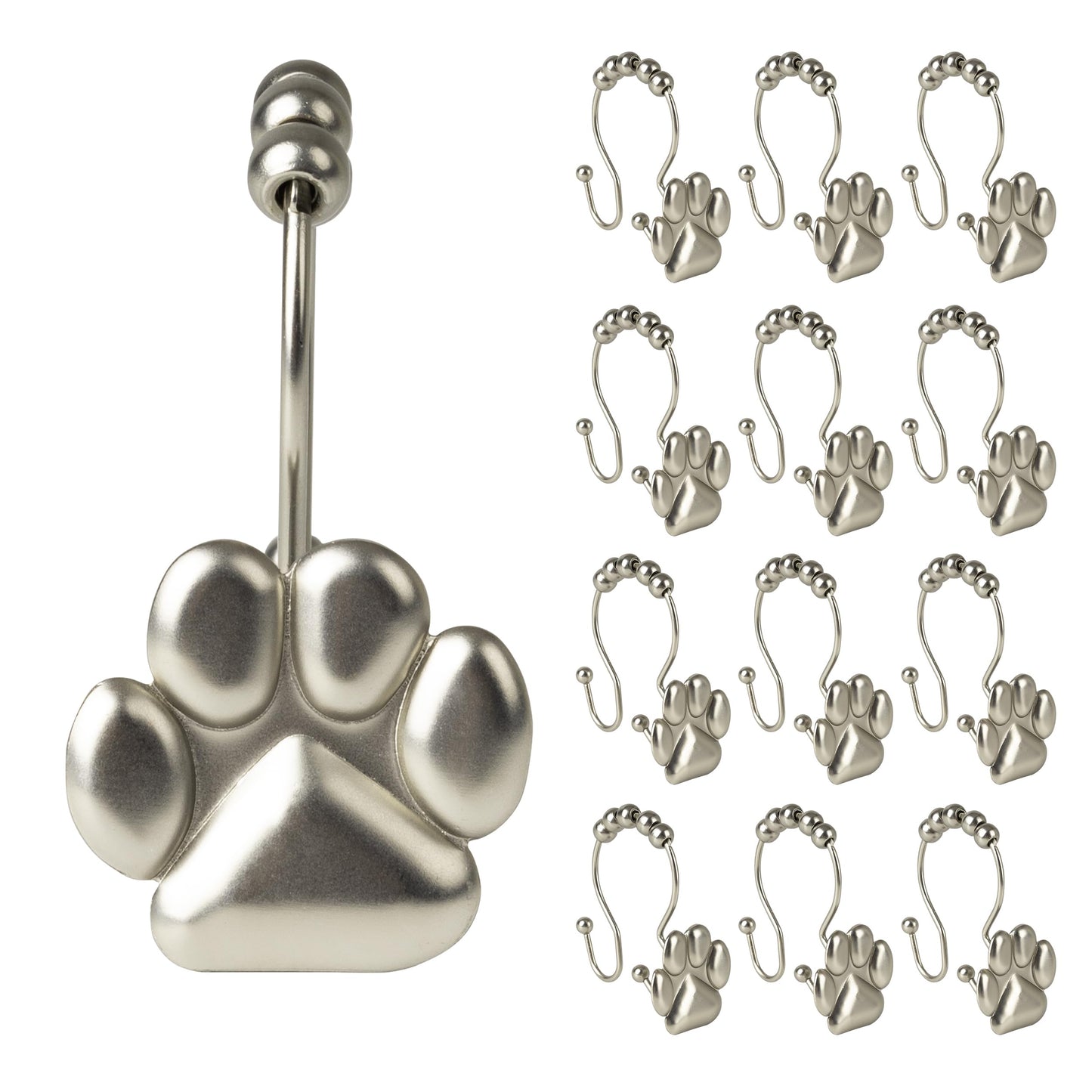 Sunlit Fashion Design Cute Paw Print Polished Shower Curtain Hooks for Dog Cat and Bear, Rust Proof Oil Rubbed Metal Shower Curtain Rings-12 Pack