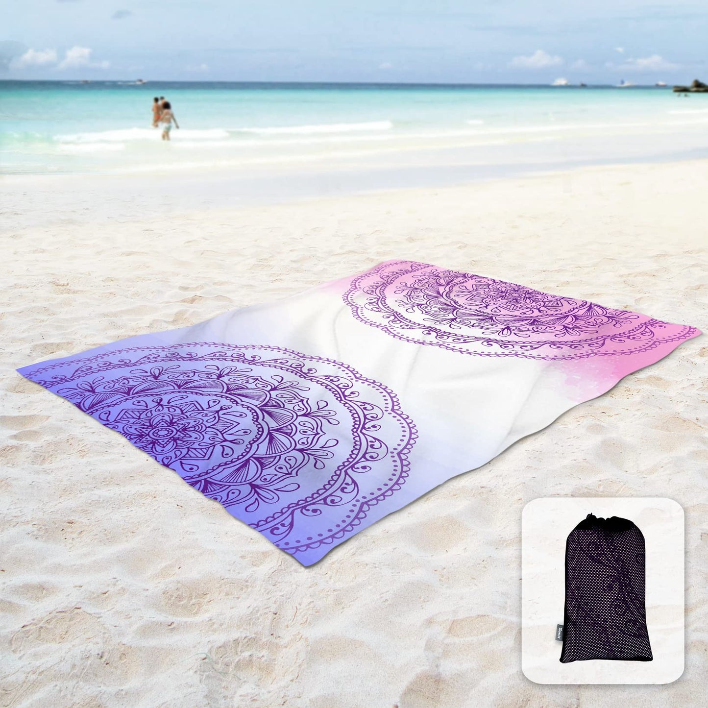 Sunlit Silky Soft Sand Proof Beach Blanket 106"x81" / 85"x72" Sand Proof Mat with Corner Pockets and Mesh Bag for Beach Party, Travel, Camping and Outdoor Music Festival, Mandala
