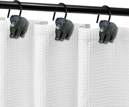 Sunlit Rustic Decorative Shower Curtain Hooks, Black Bear Shower Curtain Rings, Cabin Shower Curtain Hooks with Black Hooks, Resin, Farmhouse Bathroom Decoration, Set of 12