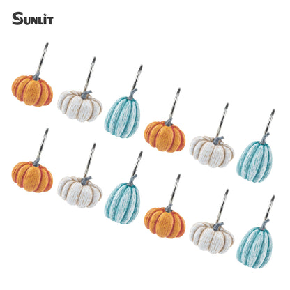 Sunlit Fall Pumpkin Decorative Shower Curtain Hooks, Autumn Harvest Festival Shower Curtain Rings, Resin, Orange Farmhouse Bathroom Curtain Hangers Decoration, Set of 12