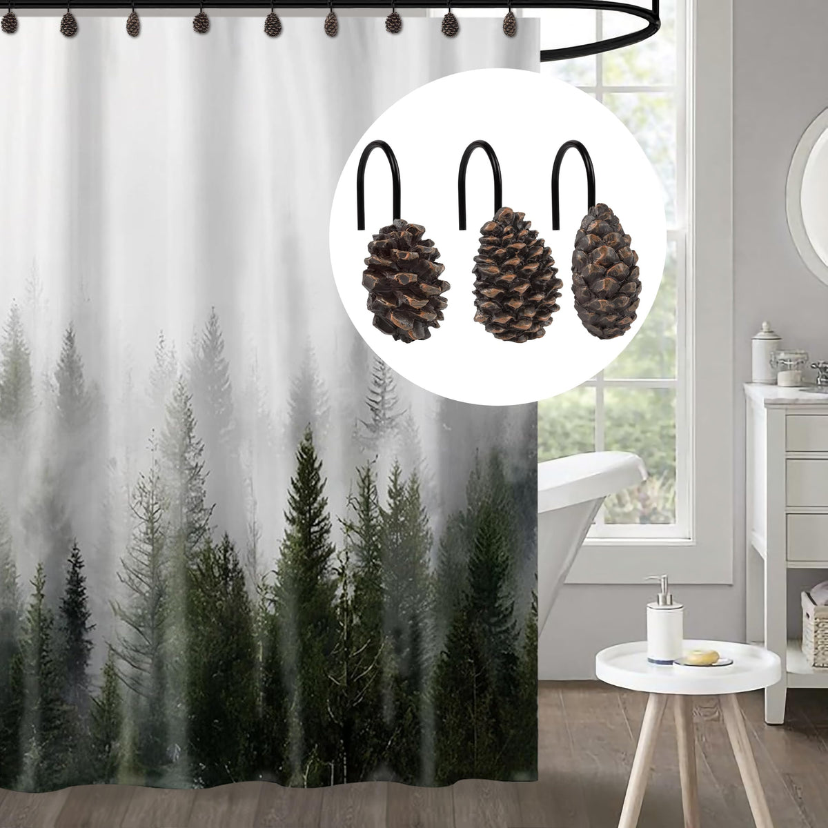 Sunlit Snowy Pinecone Shower Curtain Hooks Set of 12, Snow-Tipped Pine Cone Curtain Rings for Christmas Winter Bathroom Decor, Rustic Decorative Resin Bath Accessories
