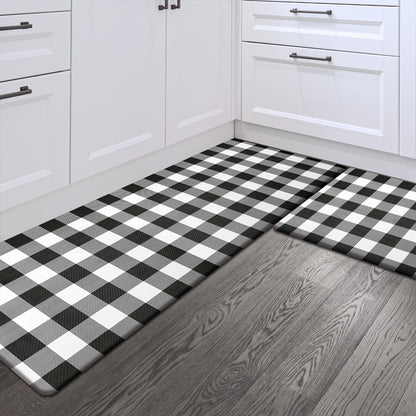 Sunlit Set of 2 Anti Fatigue Kitchen Floor Mat, Non Slip Waterproof Comfort Standing Mat, 0.4 Inch Thick Cushioned Farmhouse Kitchen Rug Runner, White Red Buffalo Check (17"x28"&17"x47")