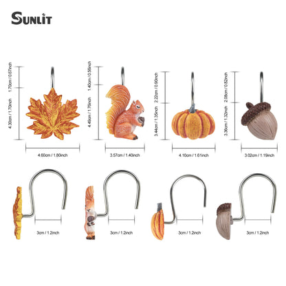 Sunlit Fall Autumn Decorative Shower Curtain Hooks, Squirrel Acorn Shower Curtain Rings, Resin, Orange Brown Cute Bathroom Curtain Hangers Decoration, Set of 12