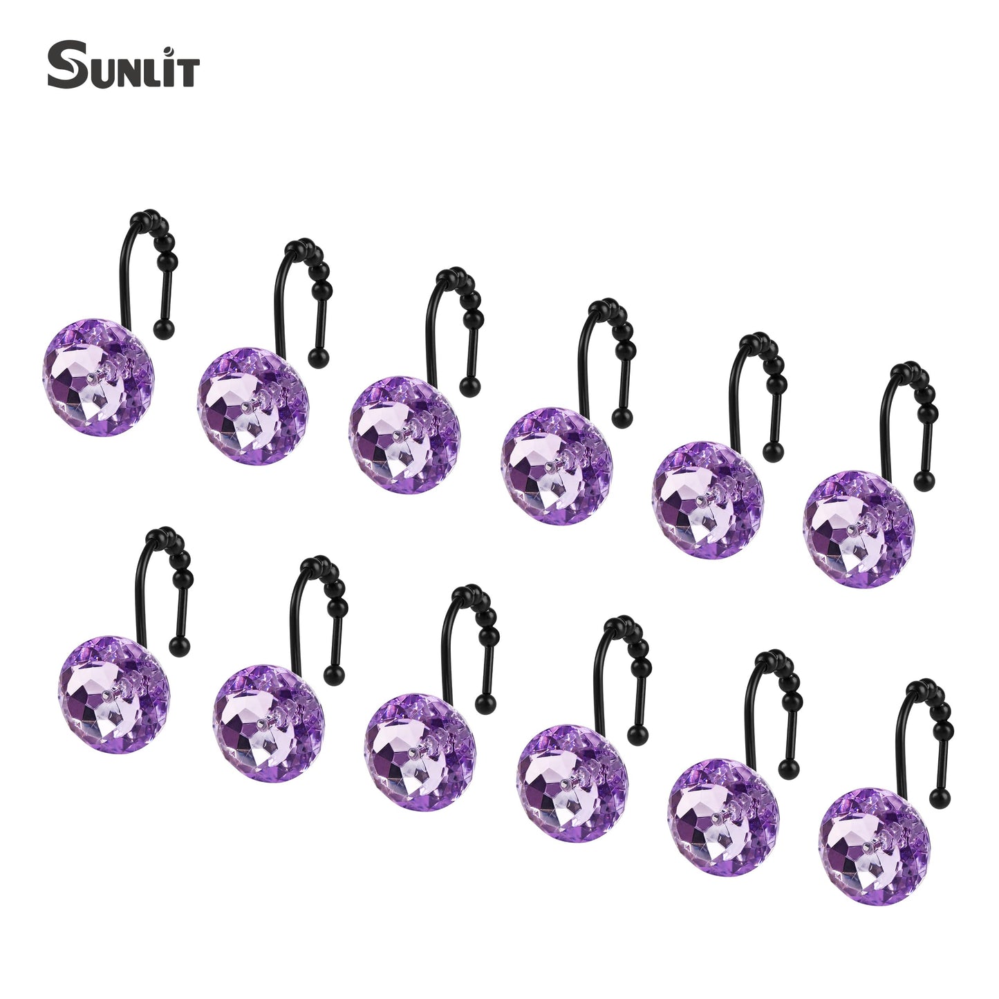 Sunlit Luxury Design Round Clear Diamond Crystal Gem Bling with Glide Balls Double Shower Curtain Hooks, Rust Proof Metal Rhinestones Glam Shower Curtain Rings-12 Pack