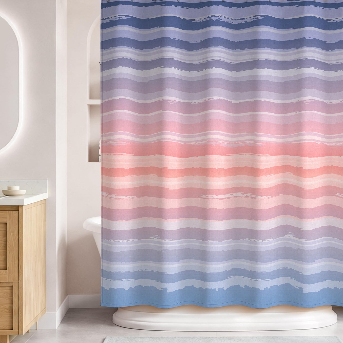 Sunlit Sunset Ombre Striped Shower Curtain, Blue and Orange Textured Slubbed Fabric Shower Curtain for Bathroom Decoration, Gradient Stripe Bathroom Curtain, 72x72