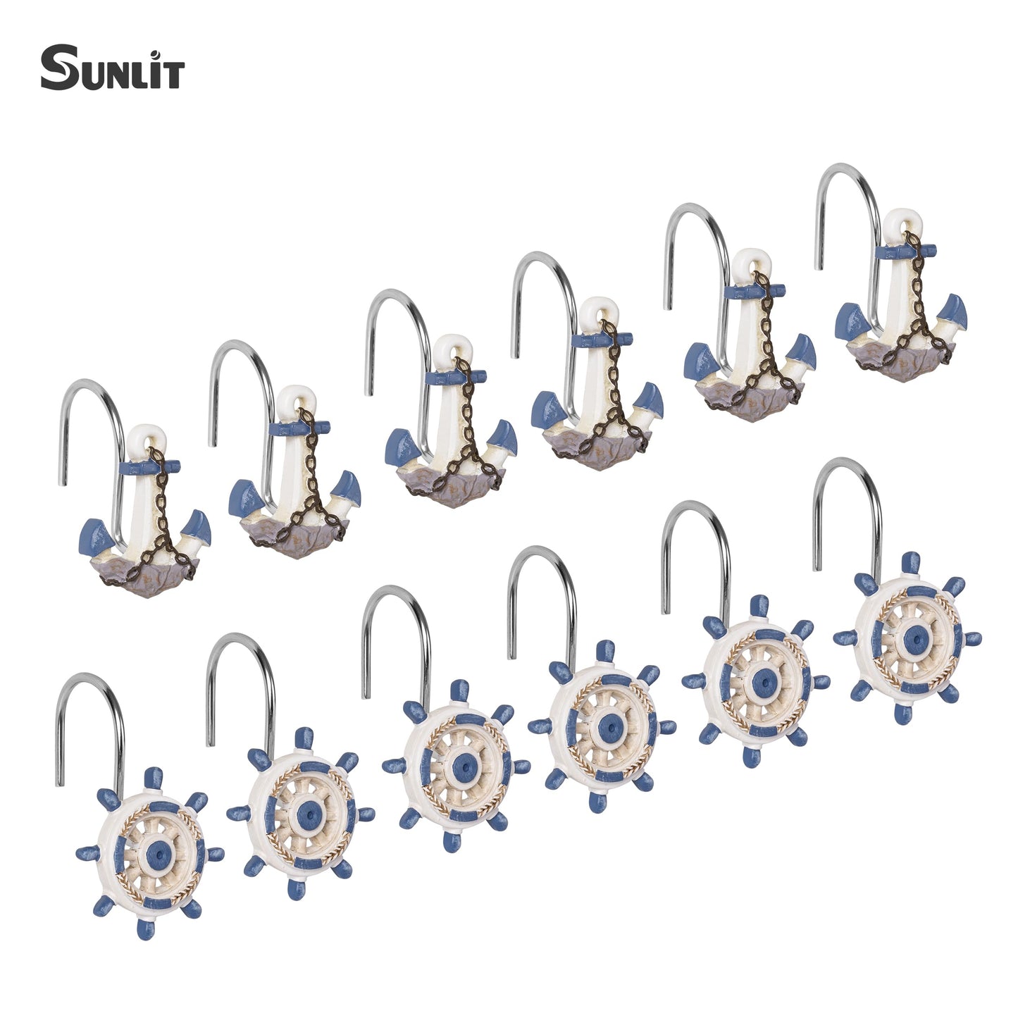 Sunlit Nautical Shower Curtain Hooks, Home Decorative Coastal Shower Curtain Rings for Bathroom, Resin, Ocean Shower Curtain Hanger Hooks for Living Room, Set of 12, Blue Lighthouse Sailboat