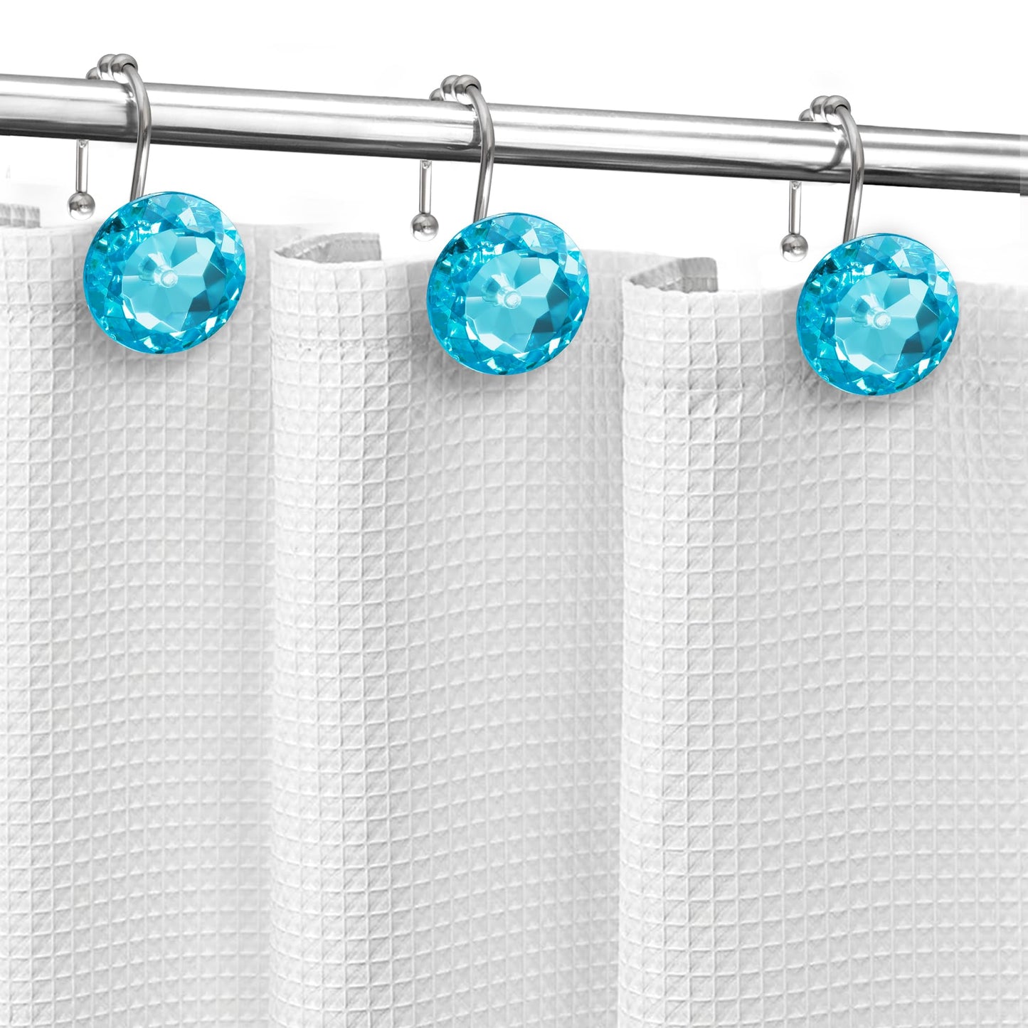 Sunlit Luxury Design Round Clear Diamond Crystal Gem Bling with Glide Balls Double Shower Curtain Hooks, Rust Proof Metal Rhinestones Glam Shower Curtain Rings-12 Pack