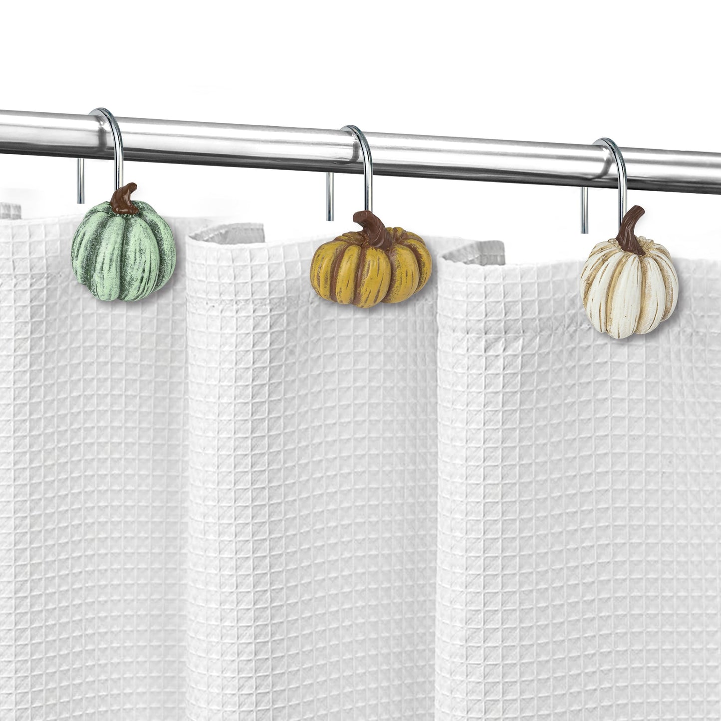 Sunlit Fall Pumpkin Decorative Shower Curtain Hooks, Autumn Harvest Festival Shower Curtain Rings, Resin, Orange Farmhouse Bathroom Curtain Hangers Decoration, Set of 12