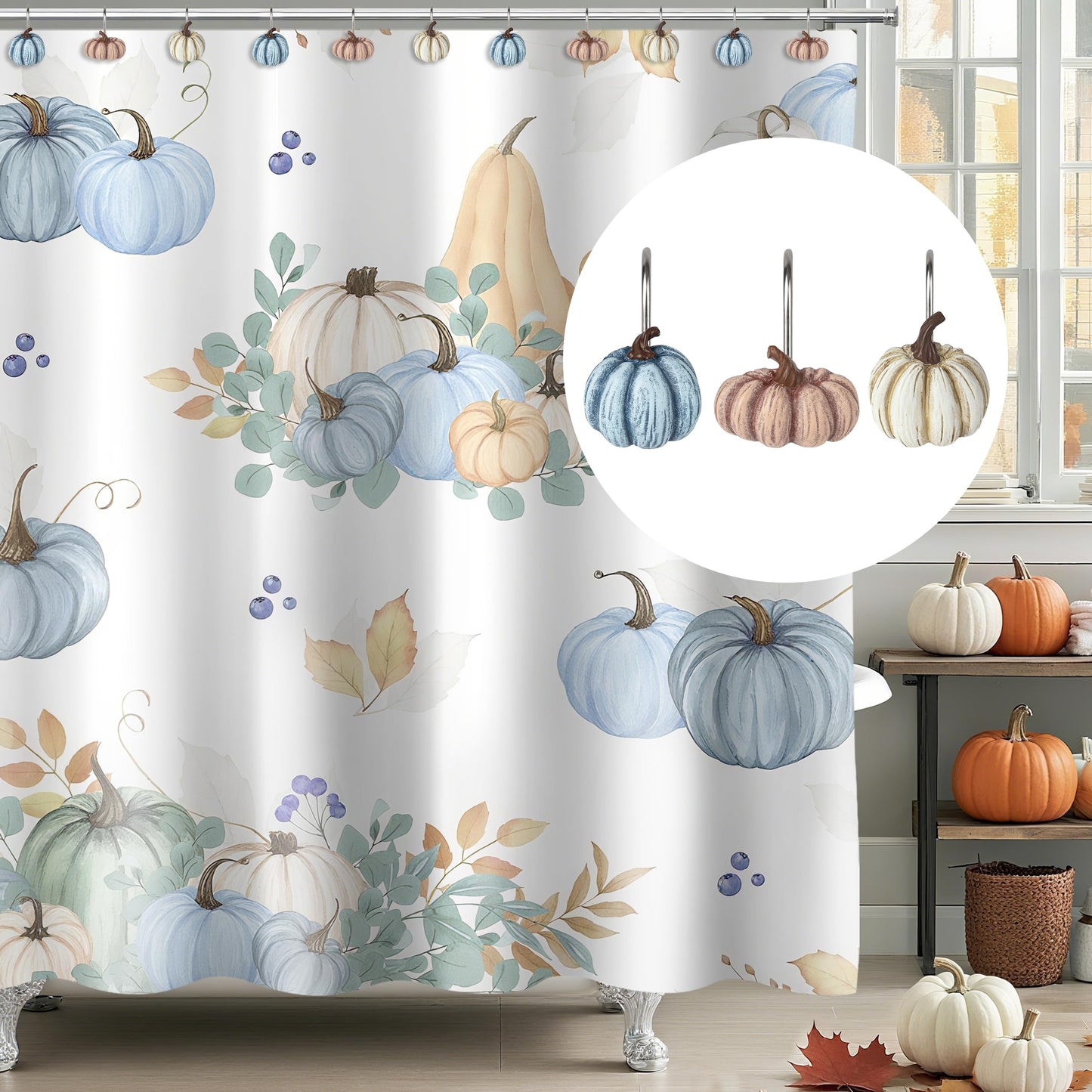 Sunlit Fall Pumpkin Decorative Shower Curtain Hooks, Autumn Harvest Festival Shower Curtain Rings, Resin, Orange Farmhouse Bathroom Curtain Hangers Decoration, Set of 12