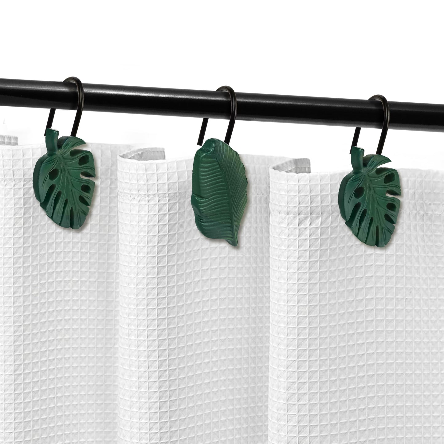 Tropical Leaf Decorative Shower Curtain Hooks, Green Botanical Shower Curtain Rings with Black Hooks, Resin, Monstera Deliciosa Leaves Shower Curtain Hangers for Bathroom, Set of 12