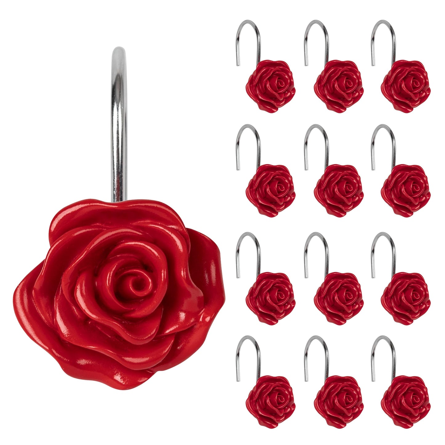 Sunlit Rose Shower Curtain Hooks, Home Decorative Flower Shower Curtain Rings for Bathroom, Resin, Pink Floral Shower Curtain Hanger Hooks for Living Room, Set of 12