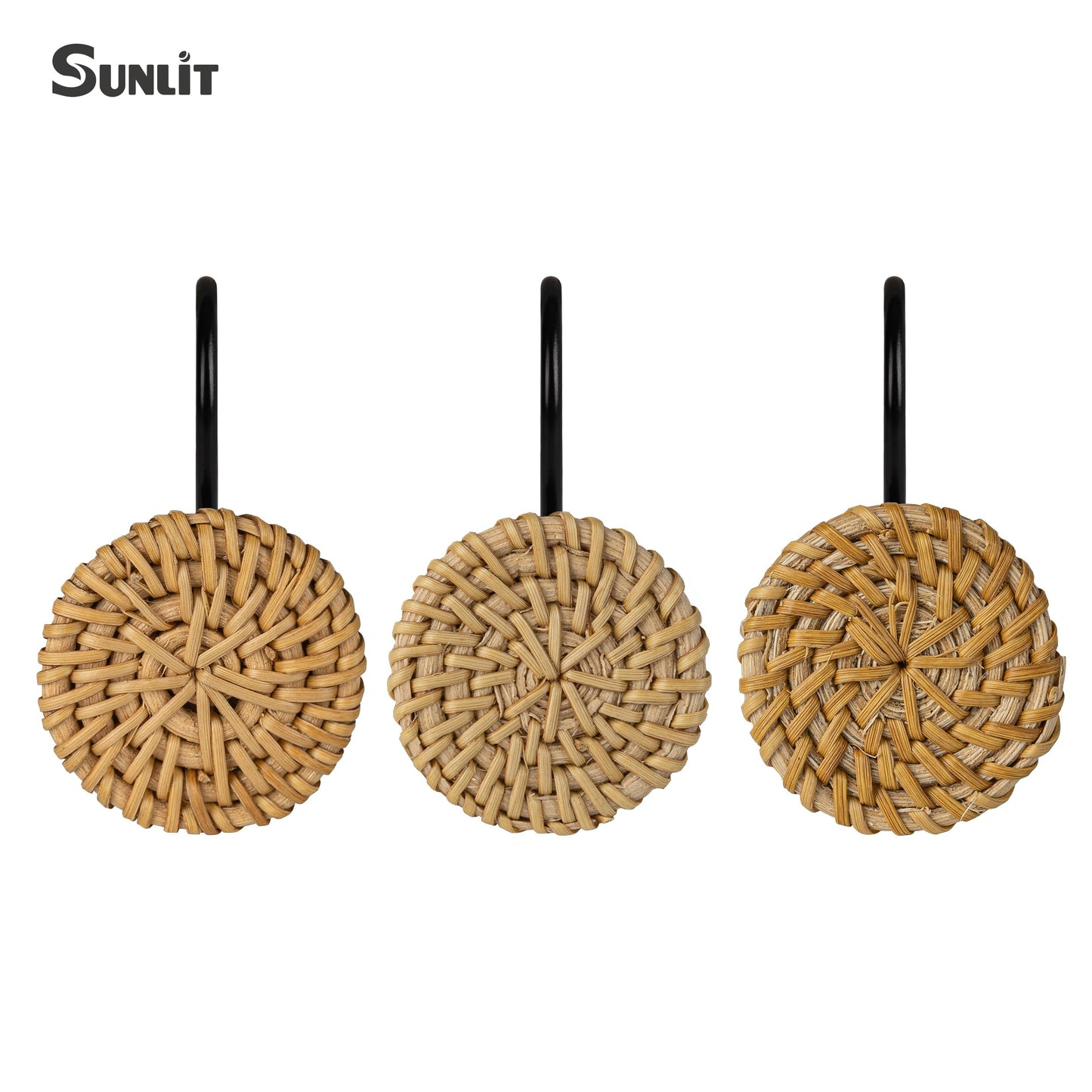 Sunlit Boho Decorative Shower Curtain Hooks, Woven Wicker Ratten Beige Shower Curtain Rings for Bathroom, Farmhouse Shower Curtain Hangers Bathroom Accessories, Set of 12