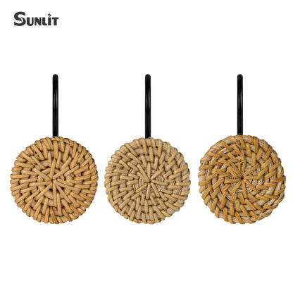 Sunlit Boho Decorative Shower Curtain Hooks, Woven Wicker Ratten Beige Shower Curtain Rings for Bathroom, Farmhouse Shower Curtain Hangers Bathroom Accessories, Set of 12