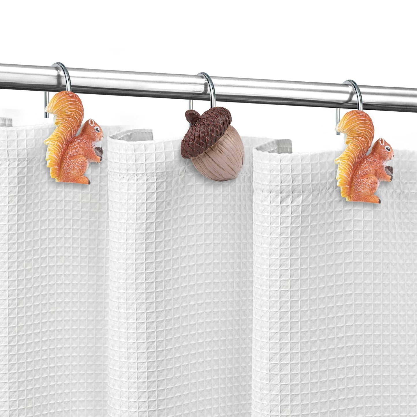 Sunlit Fall Autumn Decorative Shower Curtain Hooks, Squirrel Acorn Shower Curtain Rings, Resin, Orange Brown Cute Bathroom Curtain Hangers Decoration, Set of 12