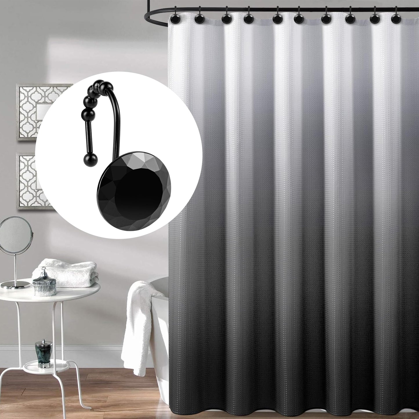 Sunlit Luxury Design Round Clear Diamond Crystal Gem Bling with Glide Balls Double Shower Curtain Hooks, Rust Proof Metal Rhinestones Glam Shower Curtain Rings-12 Pack