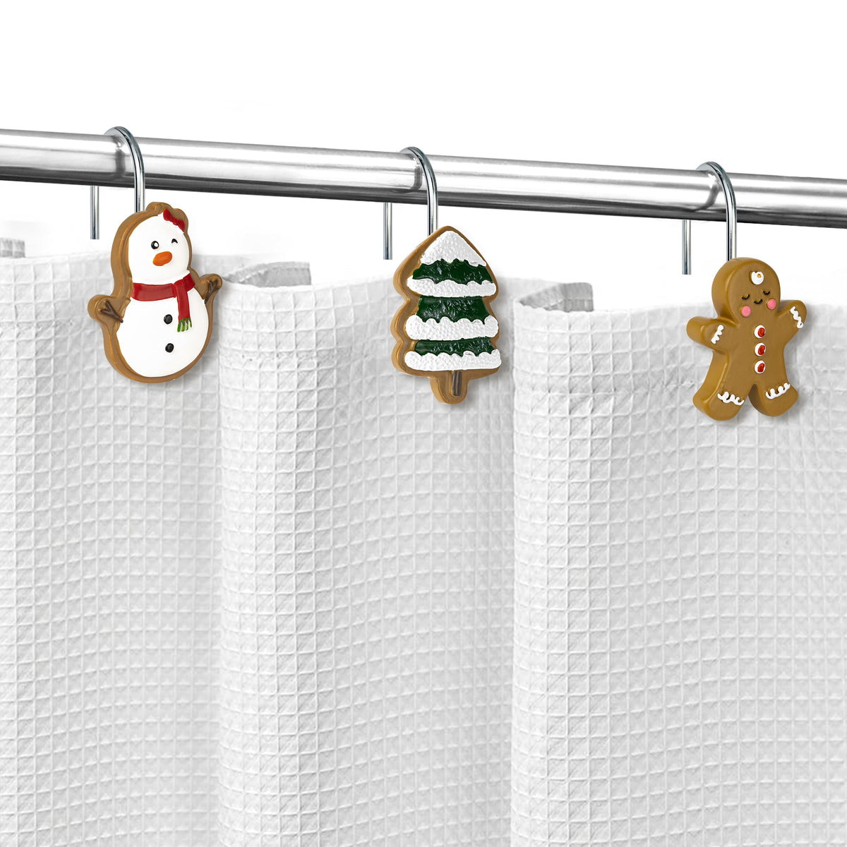 Sunlit Christmas Tree Snowman Decorative Shower Curtain Hooks, Green White Shower Curtain Rings, Resin, Xmas Theme Winter Holiday Bathroom Decoration, Set of 12