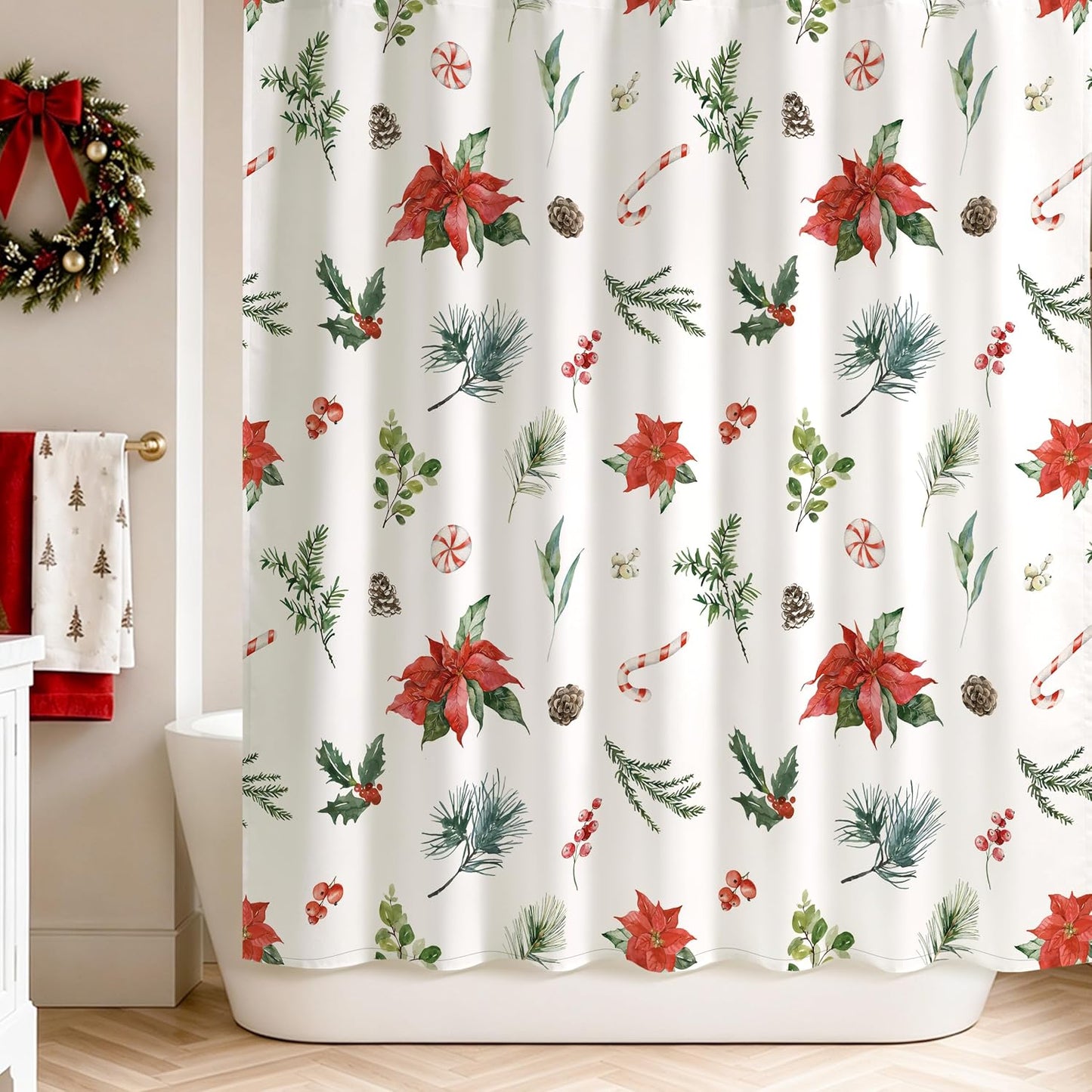 Sunlit Christmas Shower Curtain, Festive Poinsettia and Pine Botanical Holiday Print with Candy Cane Accents, Winter Farmhouse Bathroom Decor, 72" x 72"