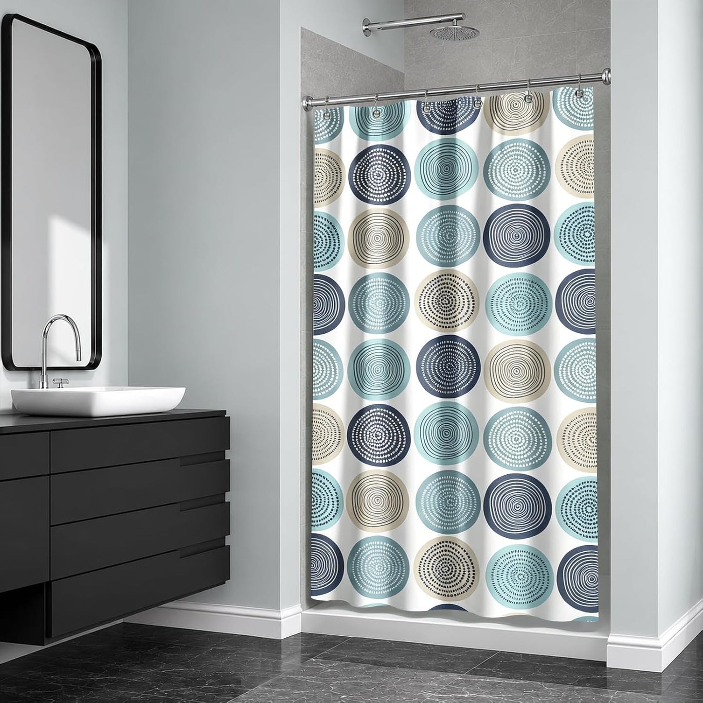 Sunlit Abstract Tree Rings Woody Artistic Small Stall Shower Curtain 36 x 72 Inches RV Half Size Narrow Bathroom Curtains Nature Pale Blue Teal Beige Light Brown Fabric Bathroom Decor