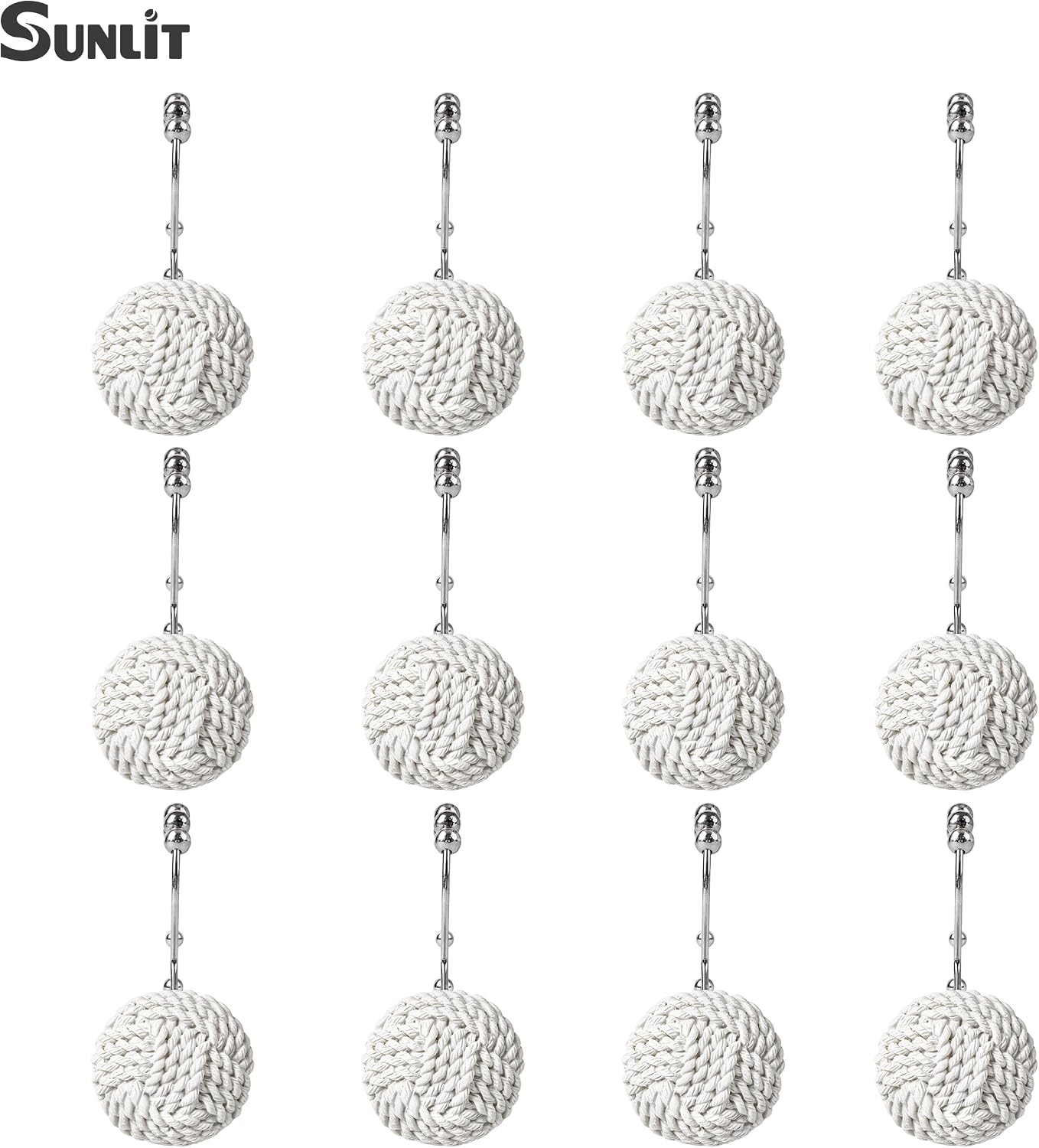Sunlit Boho Knots Double Shower Curtain Hooks, Home Decorative White Shower Curtain Rings for Bathroom, Seaside Nautical Shower Curtain Hangers Bathroom Accessories, Set of 12