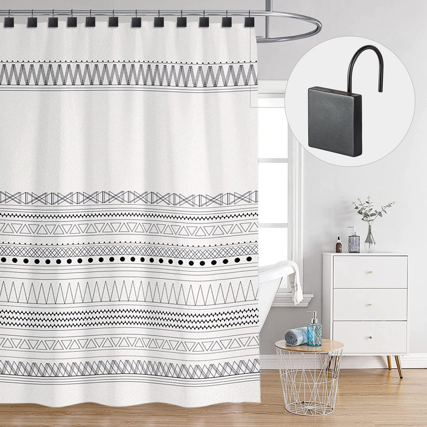 Sunlit Geometric Decorative Shower Curtain Hooks, Matt Triangle Geometric Black Shower Curtain Rings, Resin, Bathroom Decoration Boho Shower Curtain Hooks-12 Pack