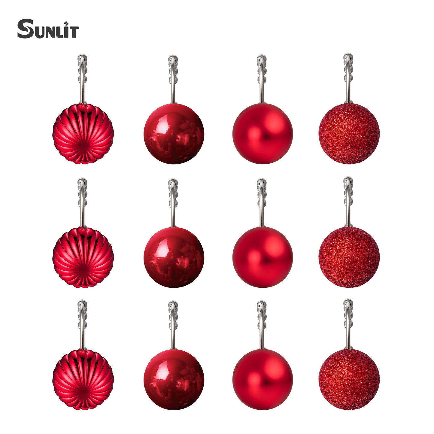 Sunlit Christmas Balls Decorative Shower Curtain Hooks, Shower Curtain Rings with Roller Balls, Xmas Theme Winter Holiday Bathroom Decoration, Set of 12, Red