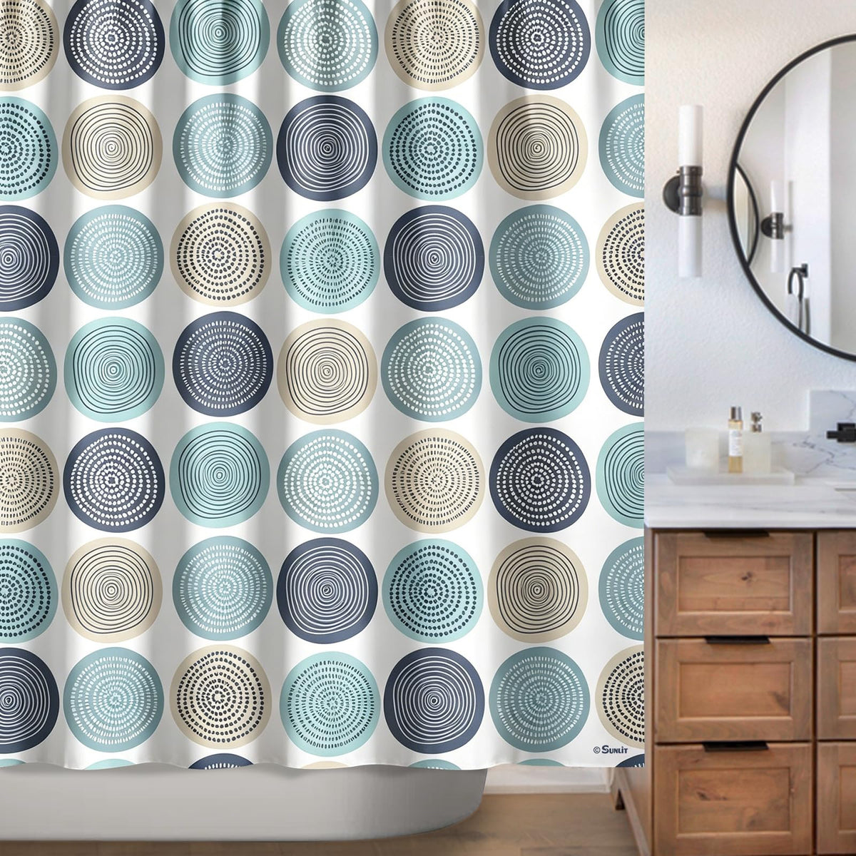 Sunlit Abstract Tree Rings Woody Artistic Small Stall Shower Curtain 36 x 72 Inches RV Half Size Narrow Bathroom Curtains Nature Pale Blue Teal Beige Light Brown Fabric Bathroom Decor