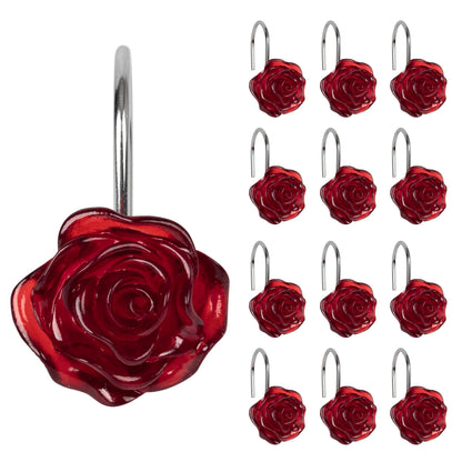 Sunlit Rose Shower Curtain Hooks, Home Decorative Flower Shower Curtain Rings for Bathroom, Resin, Pink Floral Shower Curtain Hanger Hooks for Living Room, Set of 12