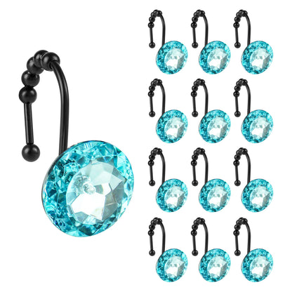 Sunlit Luxury Design Round Clear Diamond Crystal Gem Bling with Glide Balls Double Shower Curtain Hooks, Rust Proof Metal Rhinestones Glam Shower Curtain Rings-12 Pack