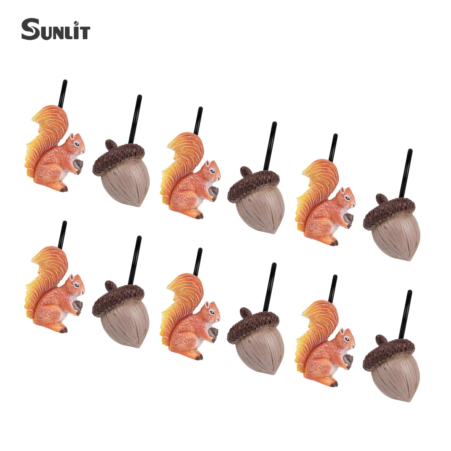 Sunlit Fall Autumn Decorative Shower Curtain Hooks, Squirrel Acorn Shower Curtain Rings, Resin, Orange Brown Cute Bathroom Curtain Hangers Decoration, Set of 12