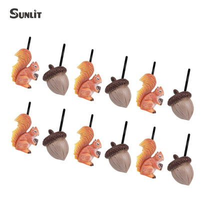 Sunlit Fall Autumn Decorative Shower Curtain Hooks, Squirrel Acorn Shower Curtain Rings, Resin, Orange Brown Cute Bathroom Curtain Hangers Decoration, Set of 12