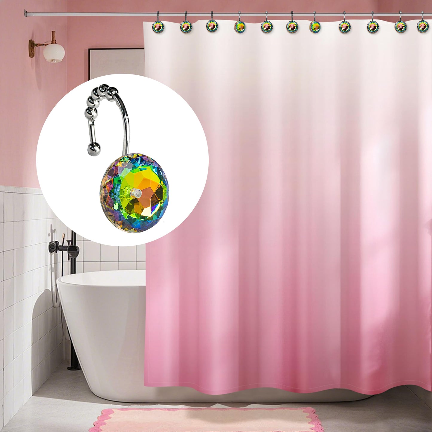 Sunlit Luxury Design Round Yellow Diamond Crystal Gem Bling with Glide Balls Shower Curtain Hooks, Rust Proof Metal Rhinestones Glam Shower Curtain Rings-12 Pack