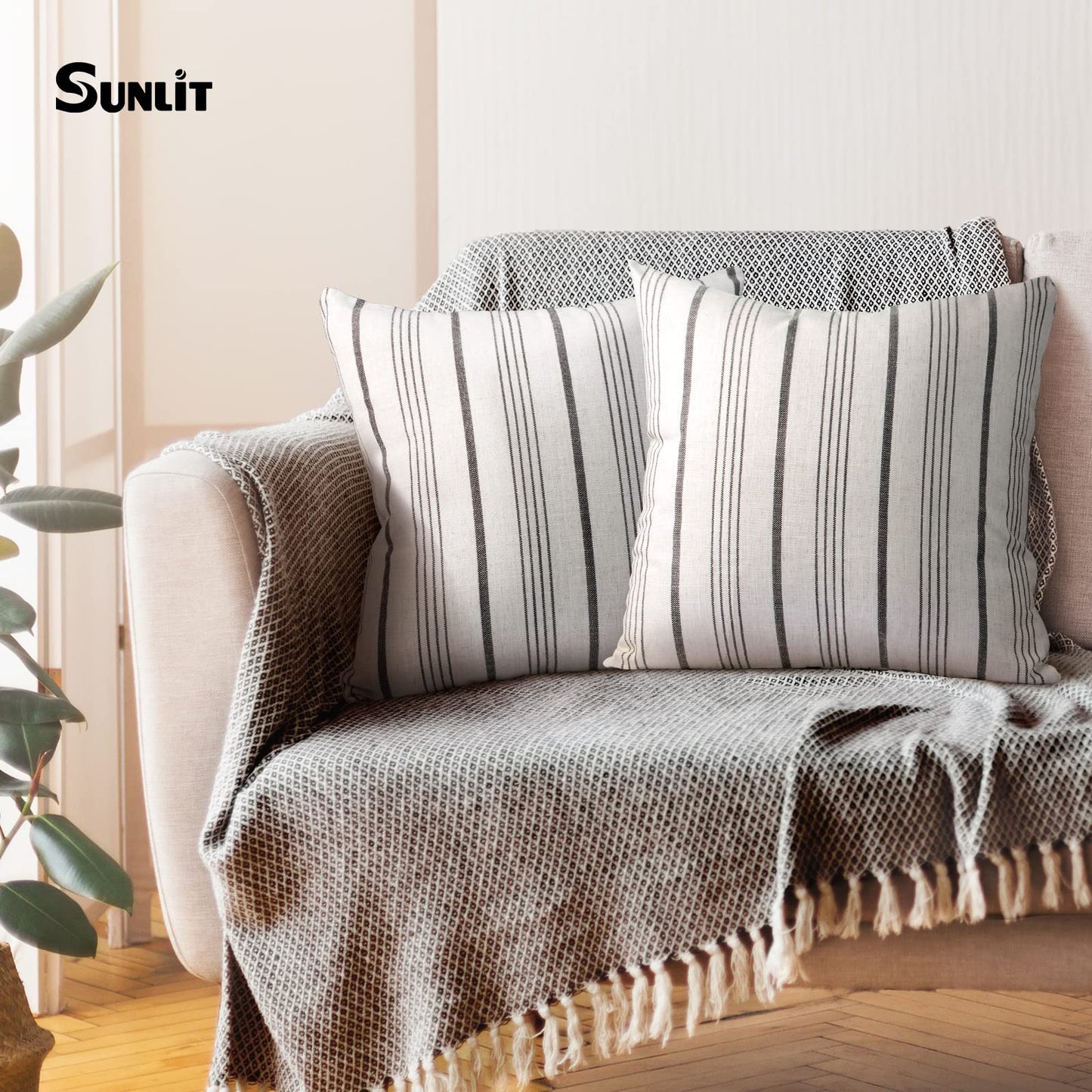 Sunlit Decorative Farmhouse Throw Pillow Case, Set of 2 Cream/Off-White with Black Stripes Modern Accent Square Pillow Cover, 22" x 22", Textured Linen Throw Cushion Covers for Couch Chair Bedroom