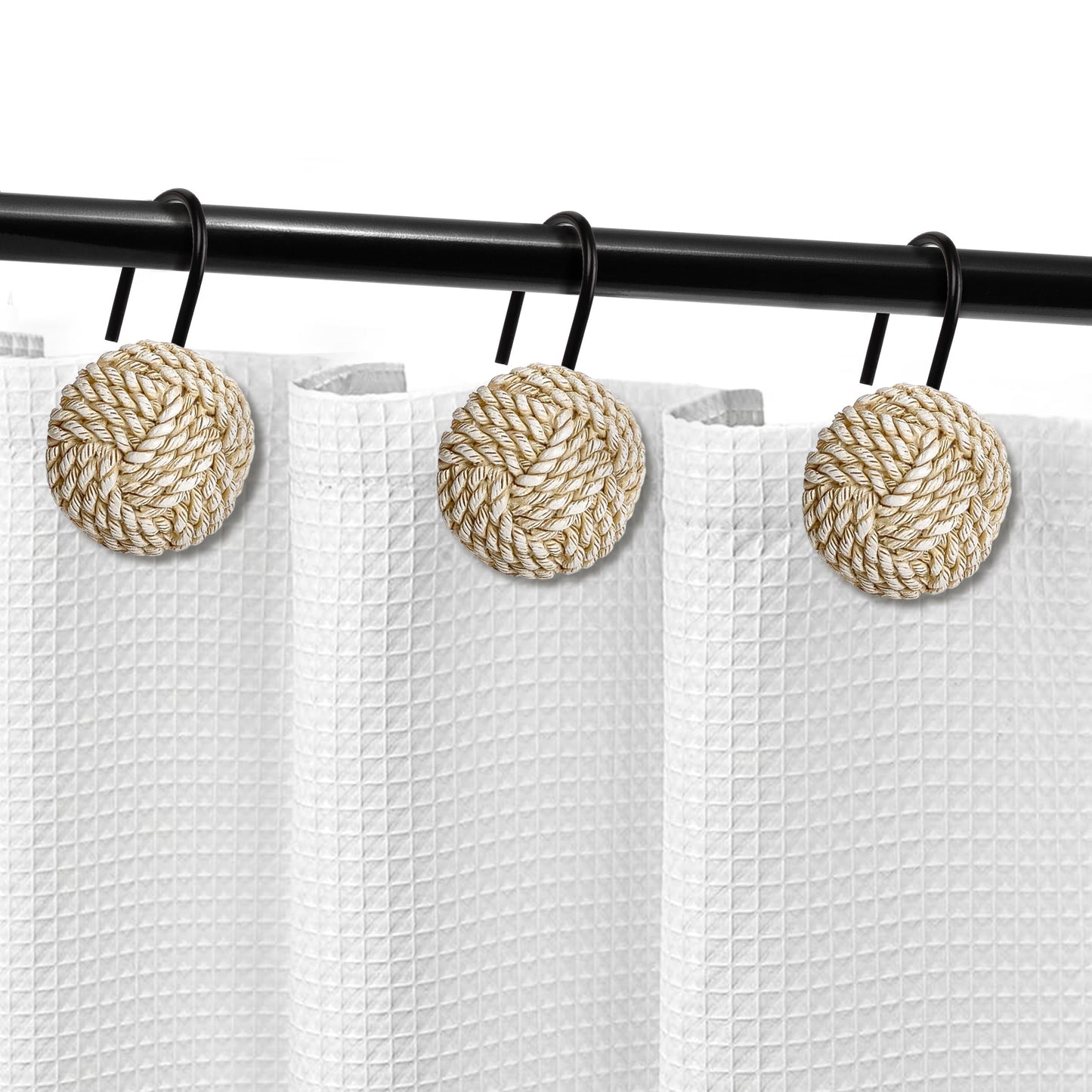 Sunlit Boho Knots Double Shower Curtain Hooks, Home Decorative White Shower Curtain Rings for Bathroom, Seaside Nautical Shower Curtain Hangers Bathroom Accessories, Set of 12