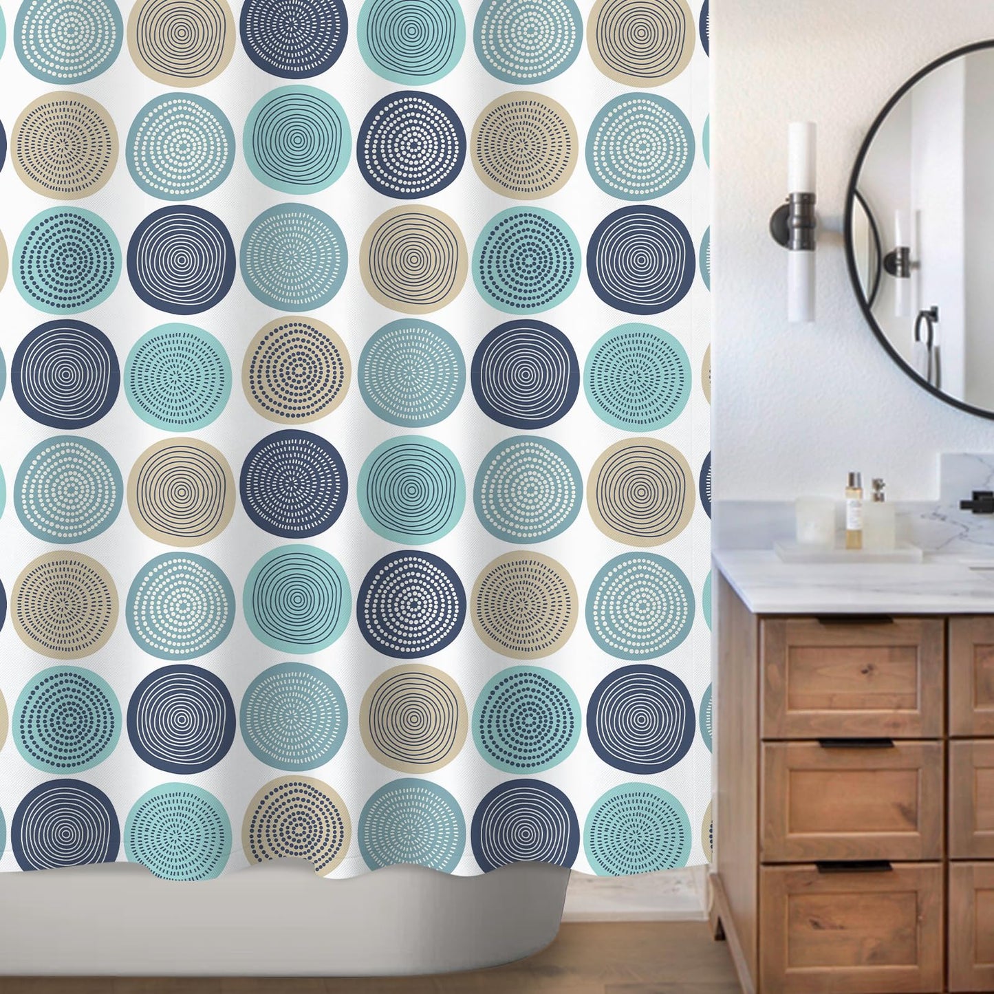 Sunlit Abstract Tree Rings Woody Artistic Fabric Shower Curtain. Nature Pale Blue Teal Beige Light Brown