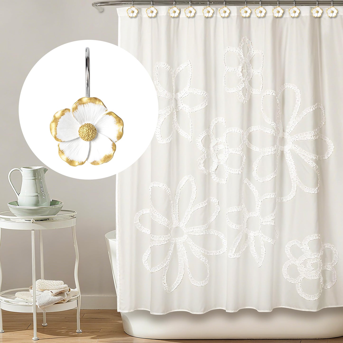 Sunlit Flower Shower Curtain Hooks, Home Decorative Shower Curtain Rings for Bathroom, Resin, White with Gold Edges Floral Shower Curtain Hanger Hooks for Living Room, Set of 12