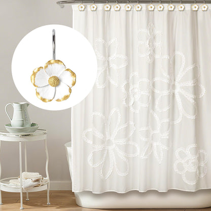 Sunlit Flower Shower Curtain Hooks, Home Decorative Shower Curtain Rings for Bathroom, Resin, White with Gold Edges Floral Shower Curtain Hanger Hooks for Living Room, Set of 12