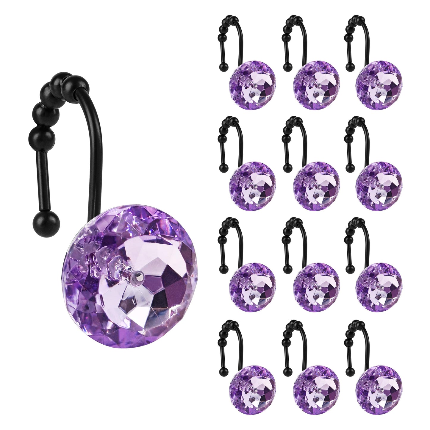 Sunlit Luxury Design Round Clear Diamond Crystal Gem Bling with Glide Balls Double Shower Curtain Hooks, Rust Proof Metal Rhinestones Glam Shower Curtain Rings-12 Pack
