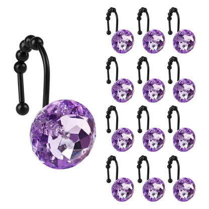Sunlit Luxury Design Round Clear Diamond Crystal Gem Bling with Glide Balls Double Shower Curtain Hooks, Rust Proof Metal Rhinestones Glam Shower Curtain Rings-12 Pack