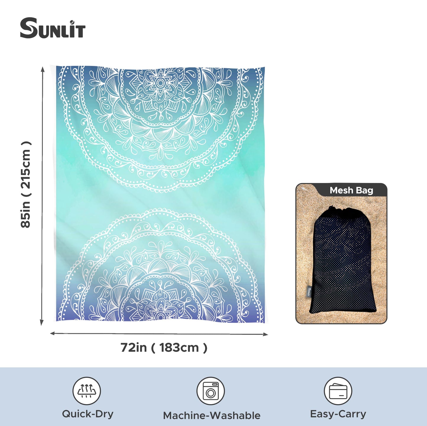 Sunlit Silky Soft Sand Proof Beach Blanket 106"x81" / 85"x72" Sand Proof Mat with Corner Pockets and Mesh Bag for Beach Party, Travel, Camping and Outdoor Music Festival, Mandala