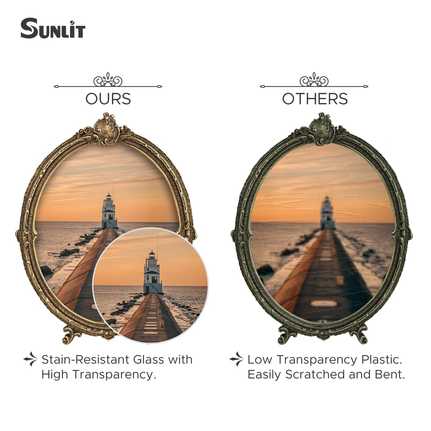 Sunlit Vintage Picture Frame 4x6 Inch, Oval Antique Photo Frames with Glass Front, Luxury Photo Display, Tabletop Wall Hanging, Gift Ideas, Brown