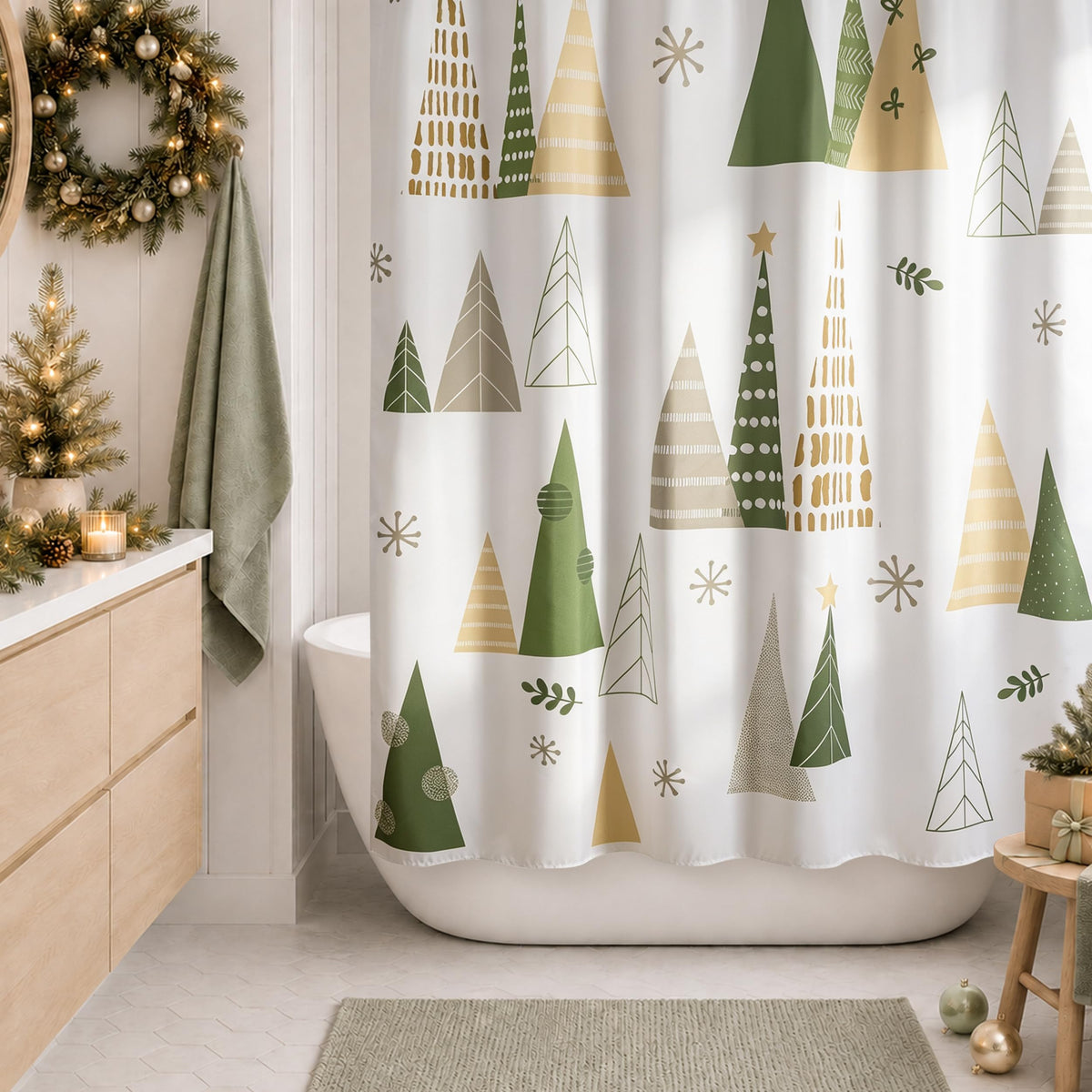 Sunlit Blue Fluorescent Christmas Snowflake Tree with Dark Blue Background Fabric Shower Curtain, Bathroom Home Office Holiday Wall Decoration as Tapestry and Photo Booth Backdrop