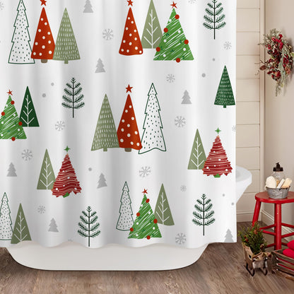 Sunlit Geometric Modern Design Christmas Shower Curtain Christmas Tree Bathroom Home Office Holiday Wall Decoration as Tapestry and Photo Booth Backdrop Red Green White Printed
