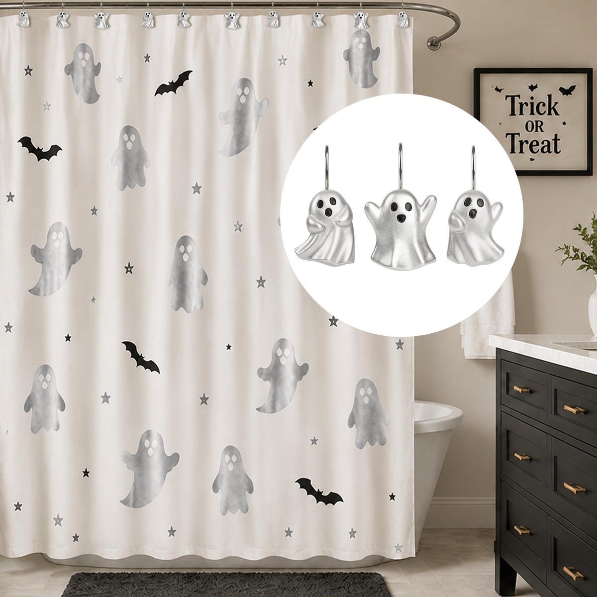 Sunlit Ghost Shower Curtain Hooks, Home Decorative Shower Curtain Rings for Bathroom, Halloween Shower Curtain Hangers Bathroom Accessories, Set of 12, Golden