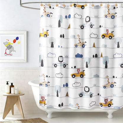 Sunlit Funny Car Race Fabric Kids Shower Curtain, Cute Cartoon Animal Drivers with Giraffe, Lion & Bear, Fun Road Trip Theme Bathroom Decor for Boys and Girls, 72 x 72 Inches, Sage Green